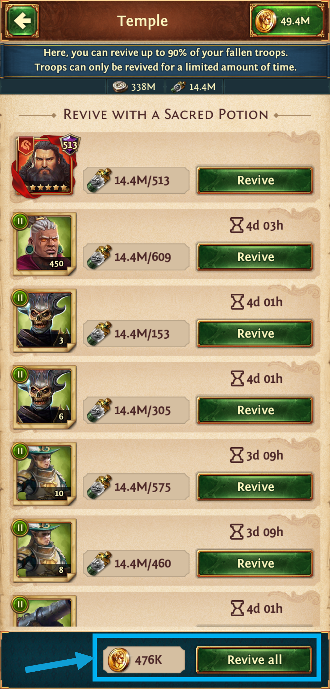 Full Gold Revive amount highlighted in the Temple